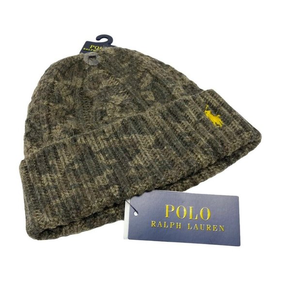 POLO RALPH LAUREN Camouflage Cable Knit Camo Beanie Hat Olive Green - Picture 5 of 12